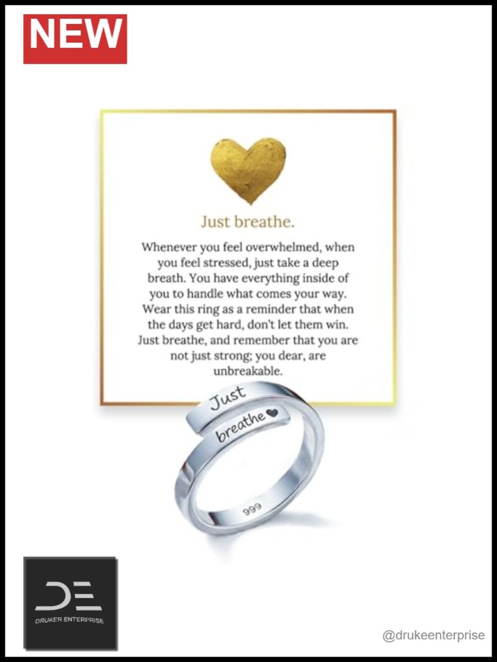 999 Pure Silver Just Breathe Adjustable Ring Grief Gift Women